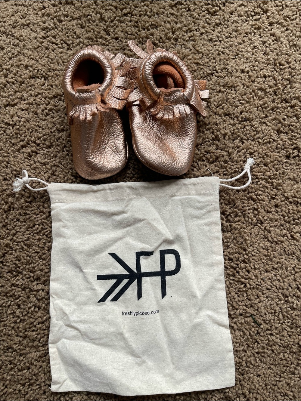 Freshly Picked Metallic Rose Gold Baby Moccasins with Fringe